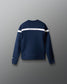 Navy blue sweatshirt with white stripes on a gray background