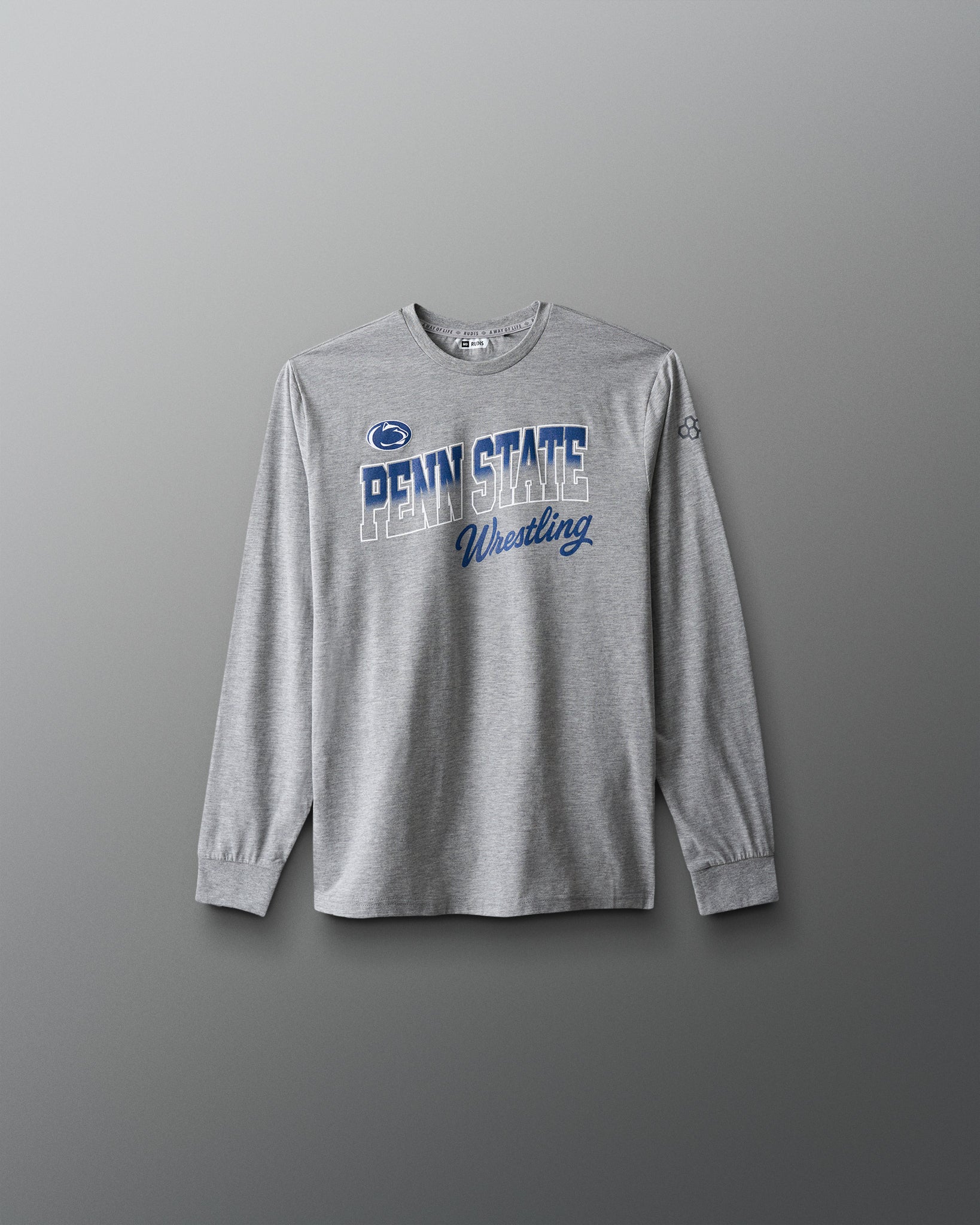Gray long-sleeve shirt with 'Penn State Wrestling' text on a gray background