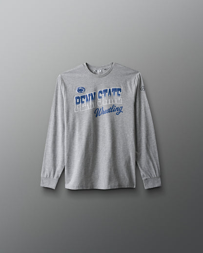 Gray long-sleeve shirt with 'Penn State Wrestling' text on a gray background