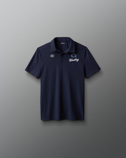 Navy polo shirt with logos on a gray background