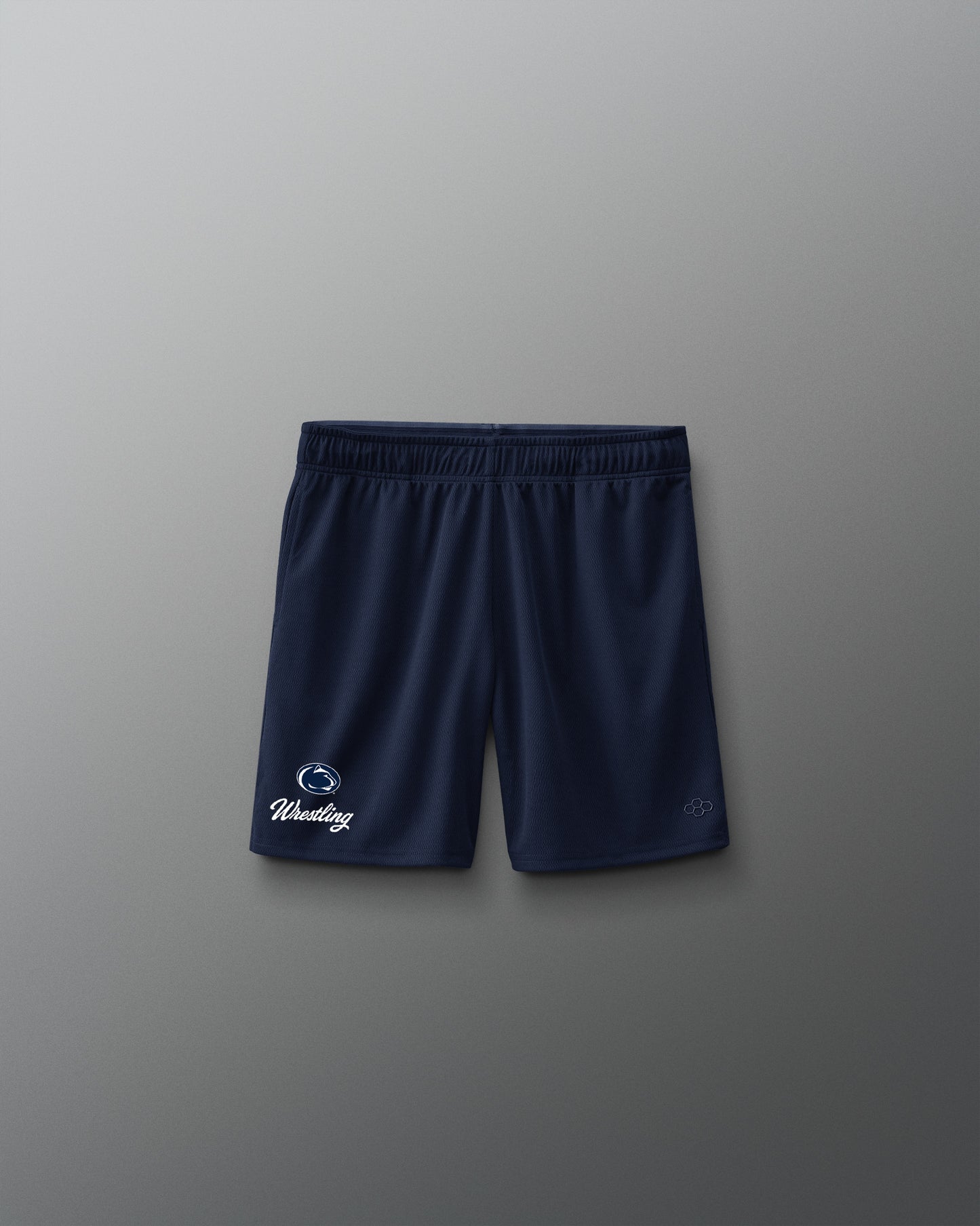 Navy blue shorts with a logo on a gray background
