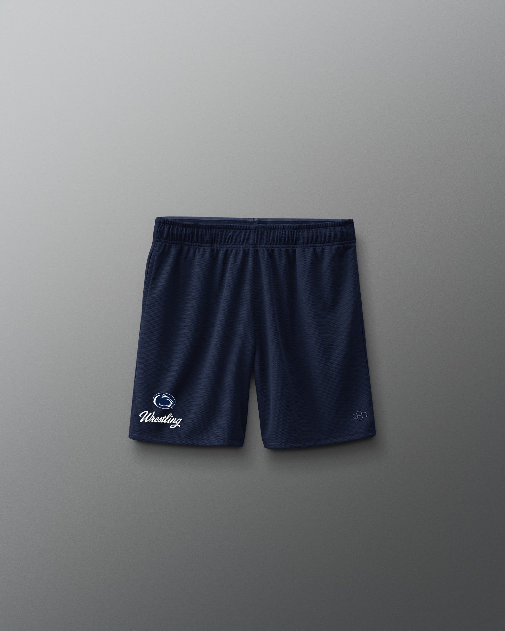 Navy blue shorts with a logo on a gray background