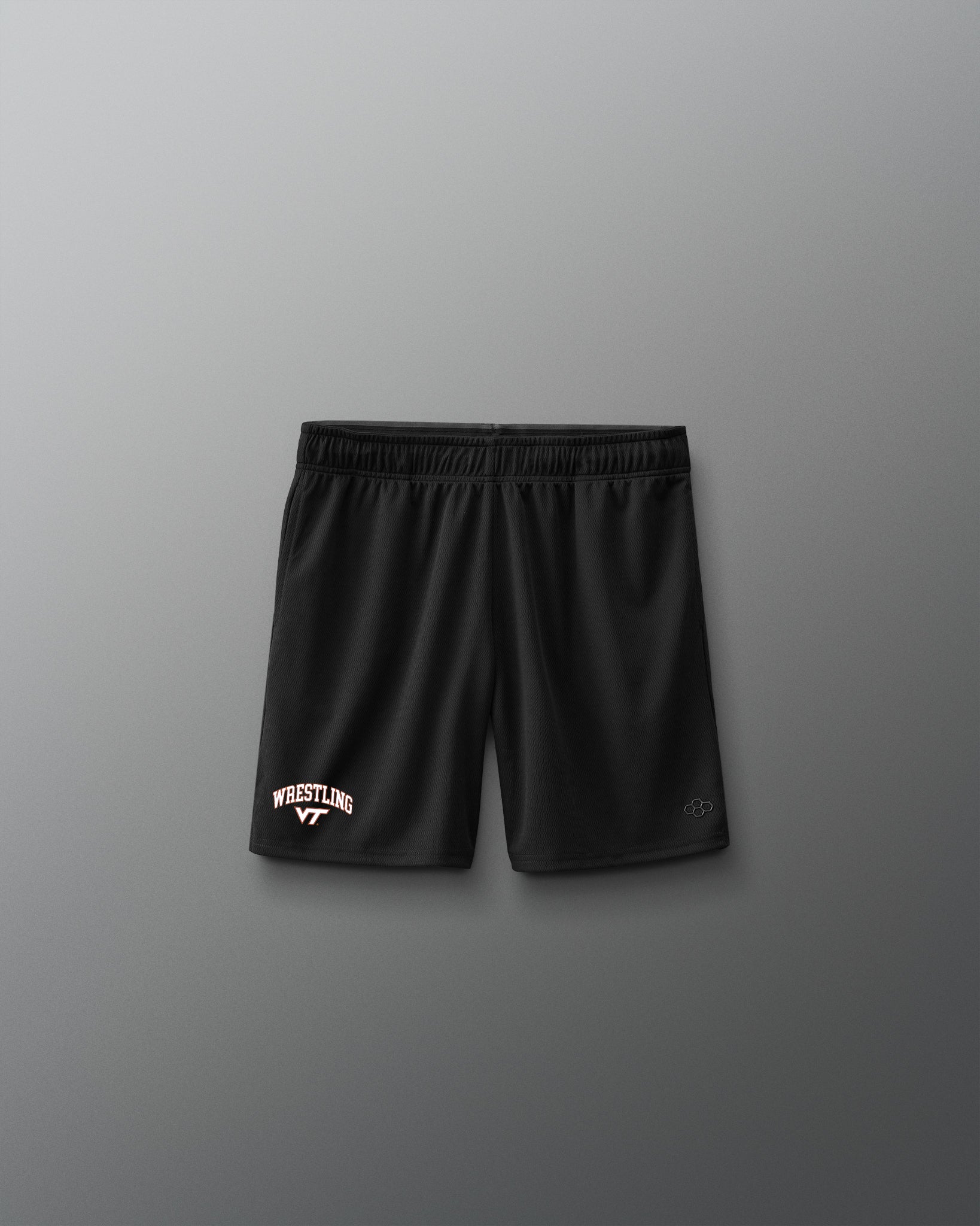 Black shorts with 'Wrestling' text on a gray background