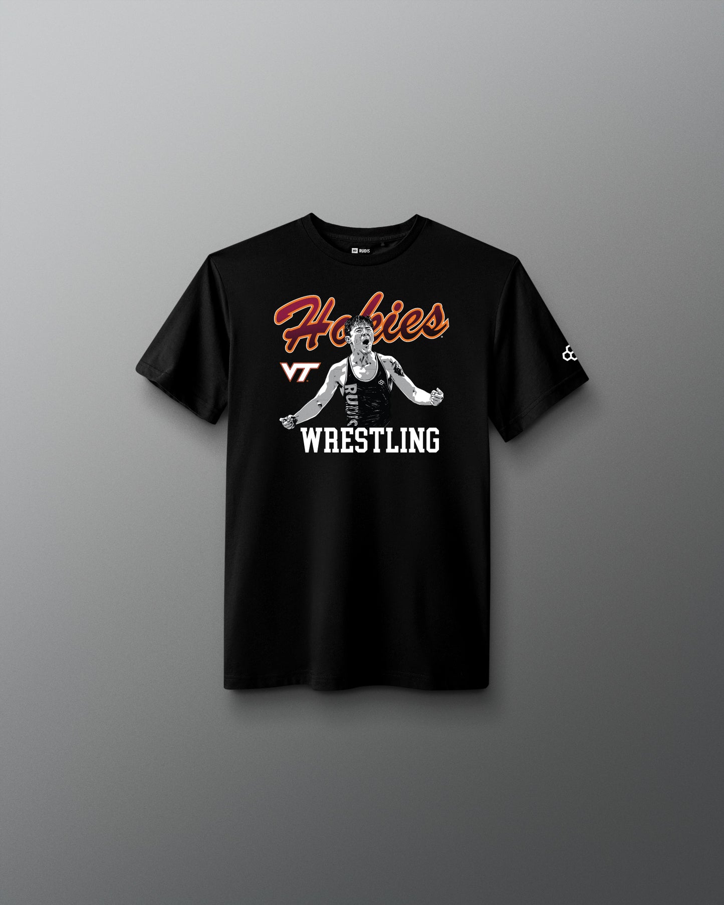 Black t-shirt with 'Hokies VT Wrestling' design on a gray background