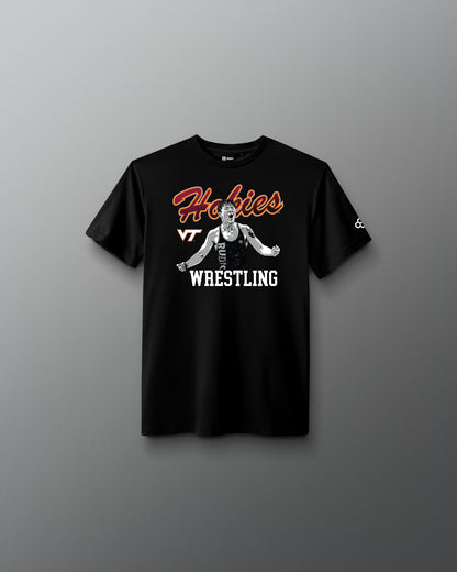 Black t-shirt with 'Hokies VT Wrestling' design on a gray background