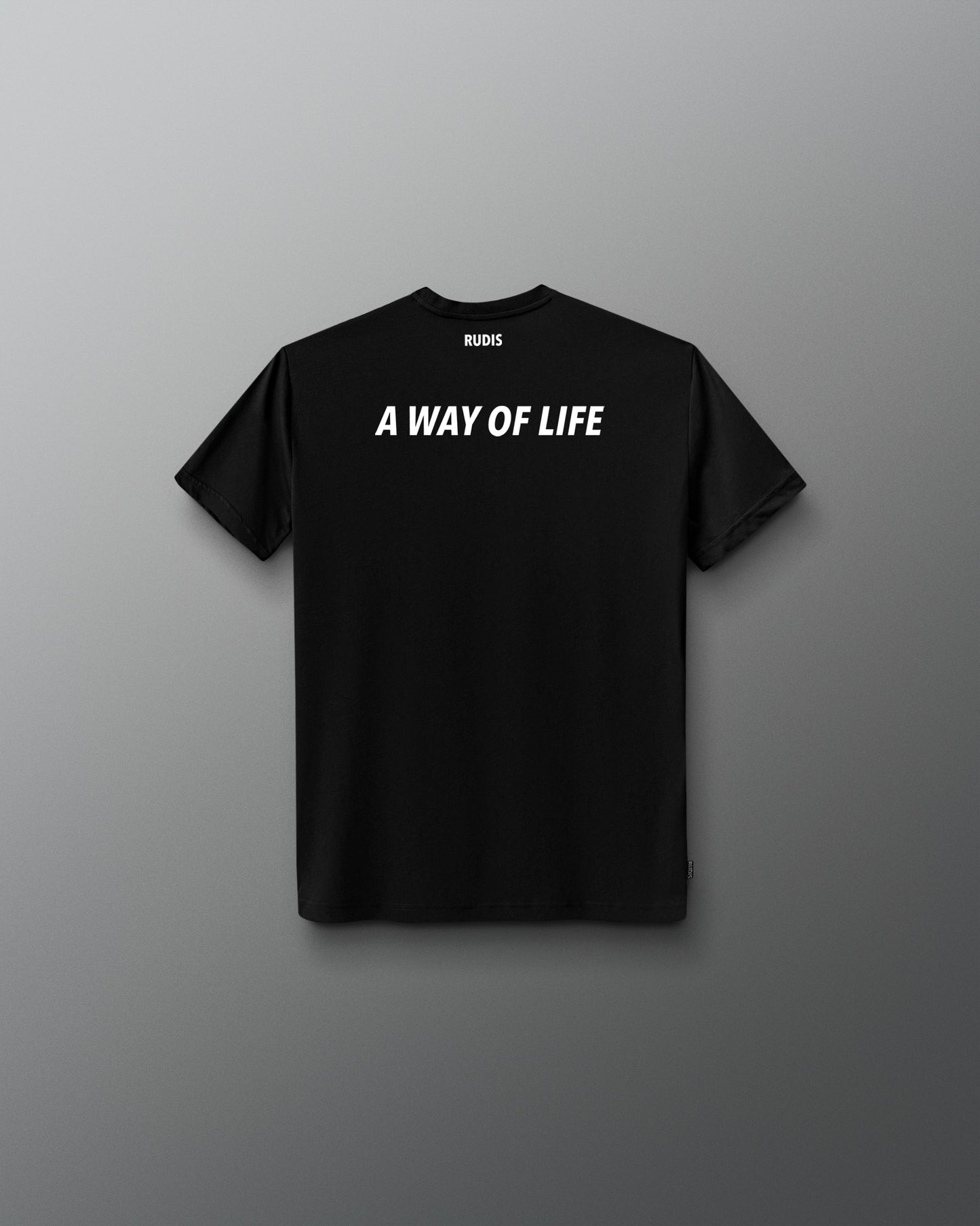 Black t-shirt with 'A Way of Life' text on a gray background