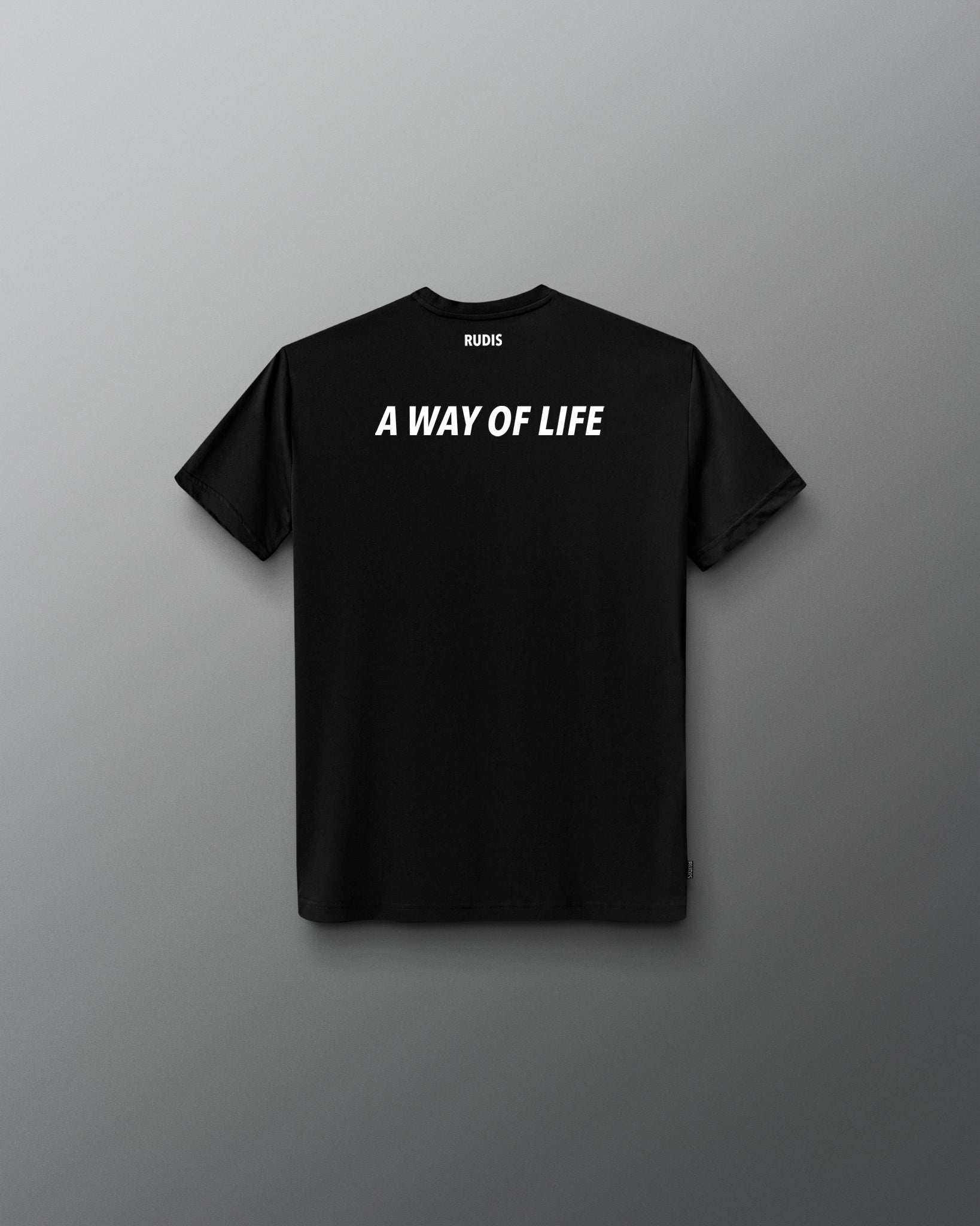 Black t-shirt with 'A Way of Life' text on a gray background
