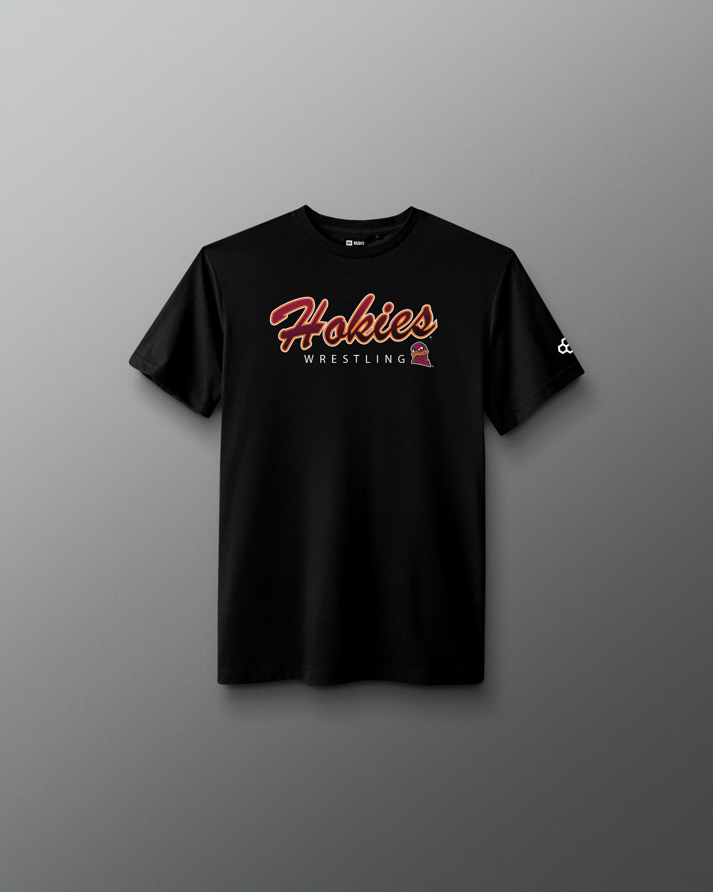 Black t-shirt with 'Hokies Wrestling' text on a gray background