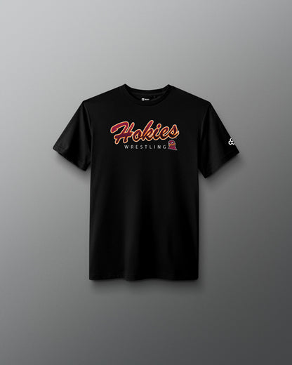 Black t-shirt with 'Hokies Wrestling' text on a gray background