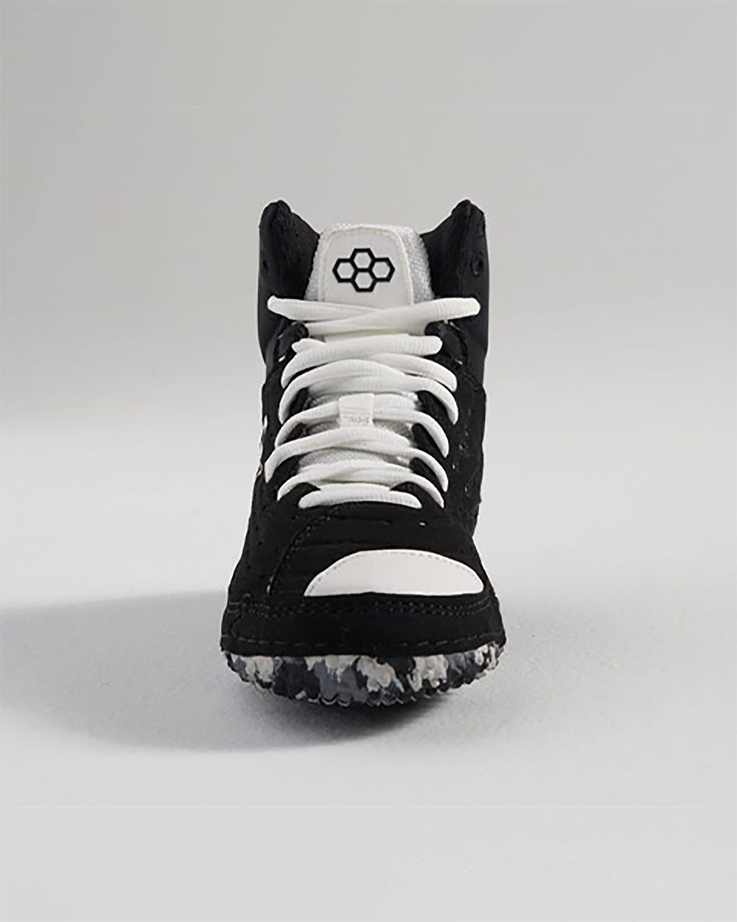 A black and white high-top sneaker featuring a textured upper prominent laces and a unique patterned sole designed for traction