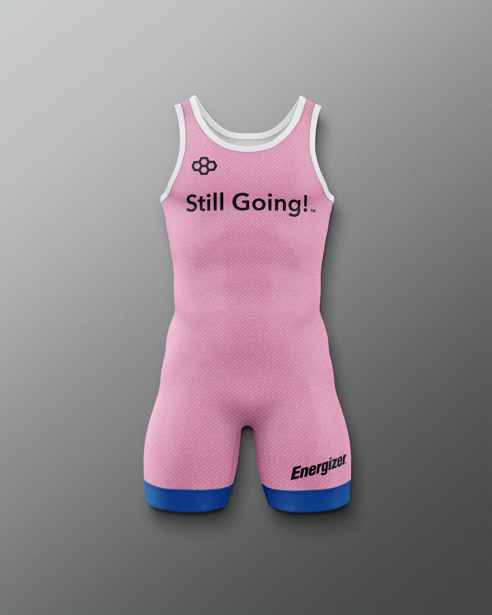 Pink wrestling singlet with 'Still Going!' text on a gray background