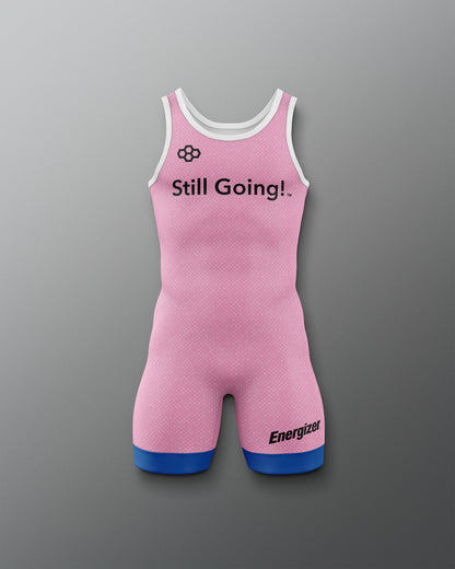 Pink wrestling singlet with 'Still Going!' text on a gray background