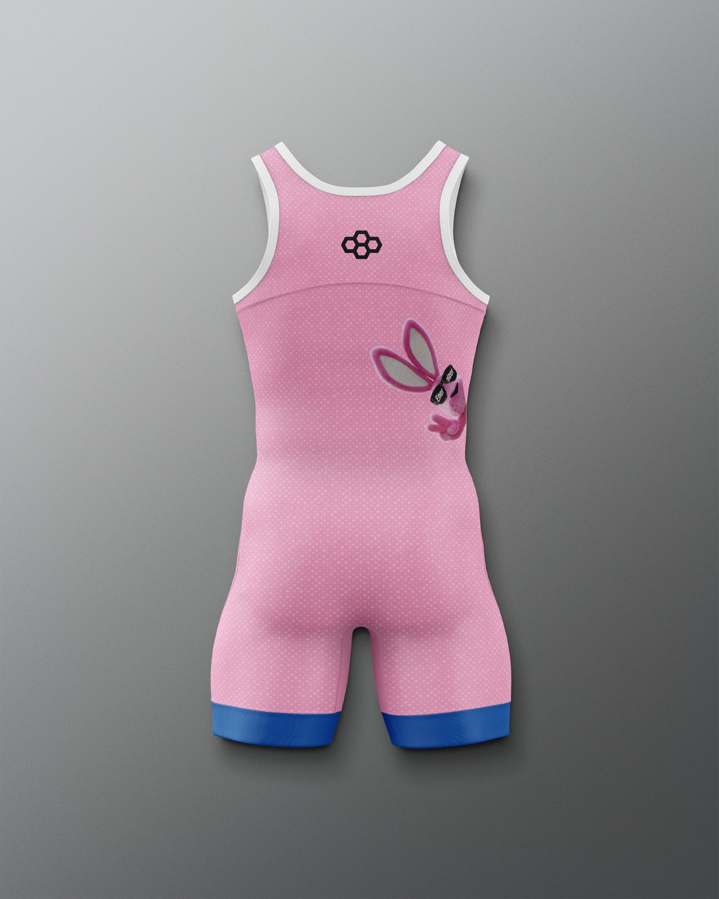 Pink wrestling singlet with blue accents on a gray background