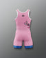 Pink wrestling singlet with blue accents on a gray background