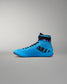 A bright blue high-top wrestling shoe with black accents, including the laces and a black side graphic, photographed from the side profile against a neutral gray background.