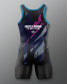 A sleeveless wrestling singlet with a black base and diagonal blue, purple, and pink graphic stripes, featuring the text 'GODZILLA-KONG THE NEW EMPIRE' and a logo on the chest, shown against a gray gradient background.
