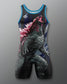 A sleeveless wrestling singlet with a large Godzilla graphic print, featuring a black body with blue trim, a pink and white Godzilla design, and a white Olympic rings logo on the chest, shown against a gray gradient background.