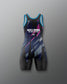 A sleeveless athletic one-piece wrestling singlet with a black, blue, and purple geometric pattern, featuring the text 'GODZILLA-KONG THE NEW EMPIRE' on the chest, displayed against a neutral gray background.