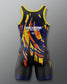 A sleeveless athletic singlet with matching shorts, featuring a black base with a bold abstract graphic in yellow, orange, and blue. The front has 'GODZILLA KONG THE NEW EMPIRE' text and an Olympic rings logo.