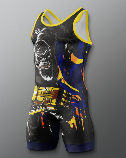 A sleeveless athletic singlet with a graphic print featuring a King Kong face and a muscular fighter, in black, blue, yellow, and white, shown on a gray gradient background.