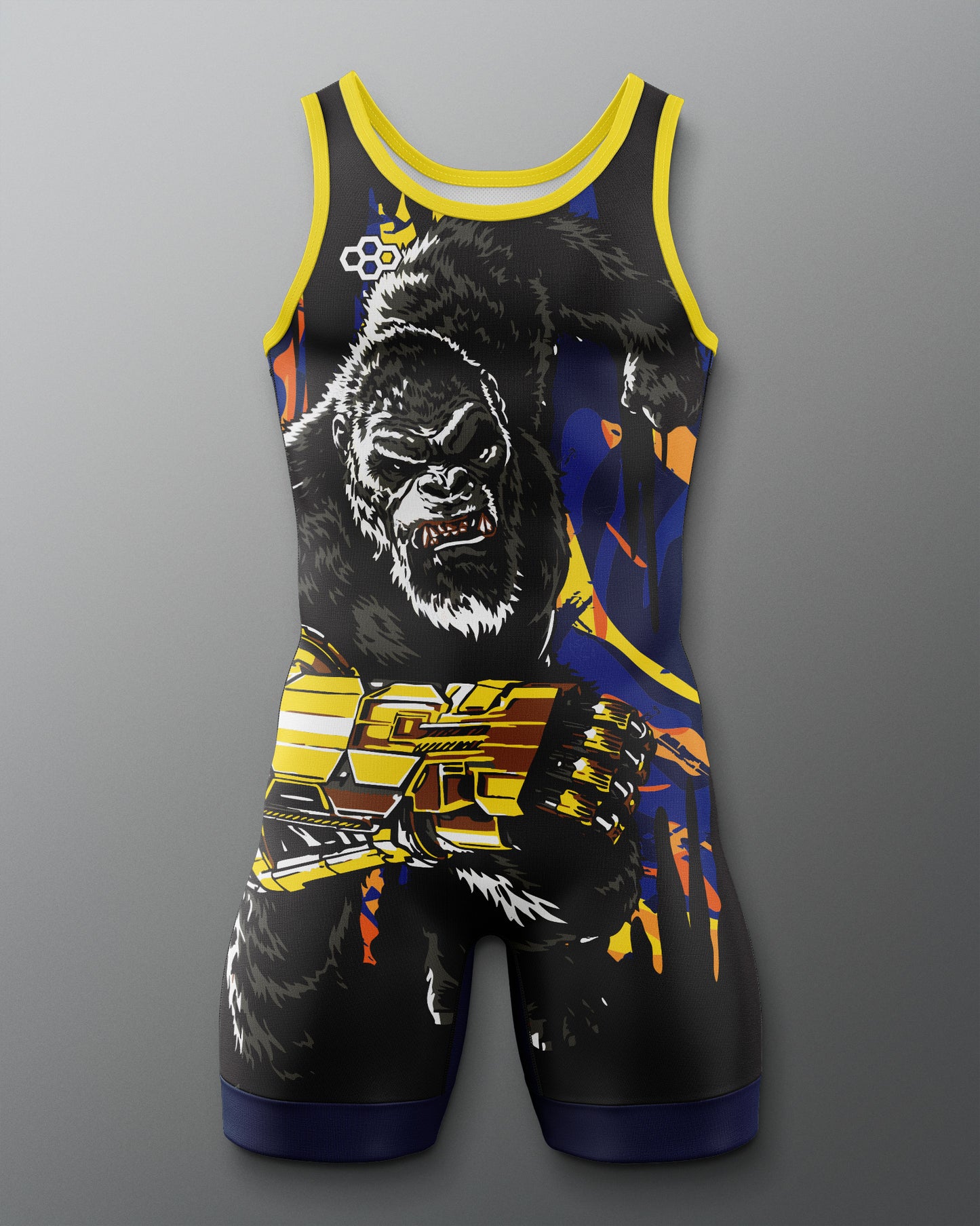 A sleeveless athletic singlet with a King Kong graphic print, featuring yellow trim, a blue and yellow chest design, and a small Olympic rings logo near the neckline, shown on a gray gradient background.