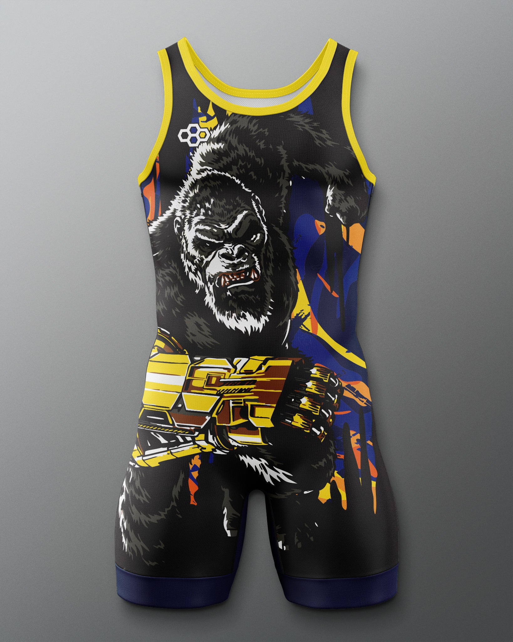 A sleeveless athletic singlet with a King Kong graphic print, featuring yellow trim, a blue and yellow chest design, and a small Olympic rings logo near the neckline, shown on a gray gradient background.