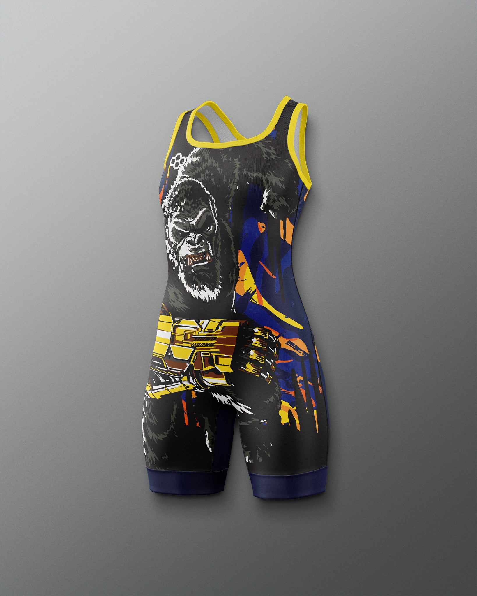 A sleeveless athletic singlet with a king kong graphic print, featuring yellow shoulder straps and multicolor abstract patterns on a dark background, shown against a gray gradient backdrop.