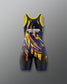 A sleeveless athletic one-piece wrestling singlet with a black base and a bold abstract flame-like pattern in yellow, orange, and blue. The jumpsuit features 'Godzilla x kong THE NEW EMPIRE' printed in white on the chest, set against a neutral gray background.
