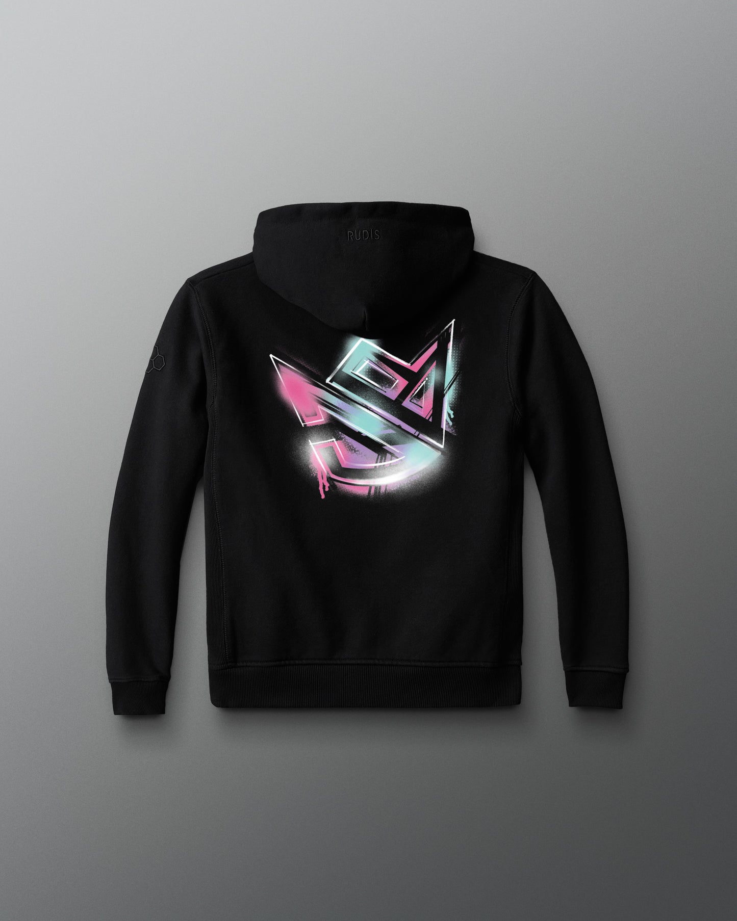 Black hoodie with a colorful logo on the back against a gray background
