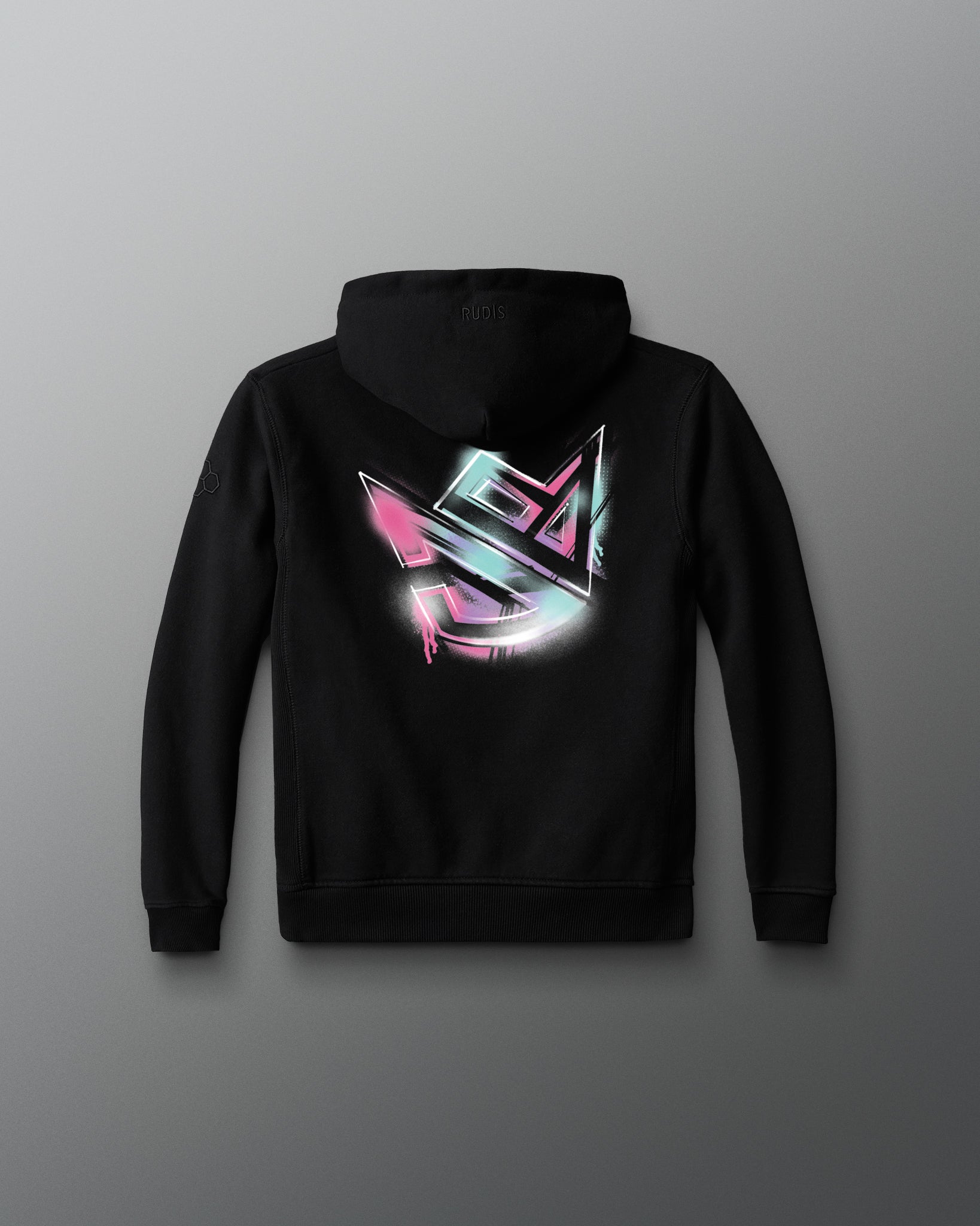 Black hoodie with a colorful logo on the back against a gray background