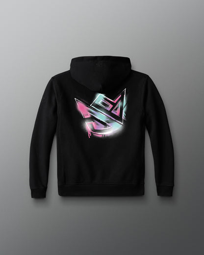 Black hoodie with a colorful logo on the back against a gray background
