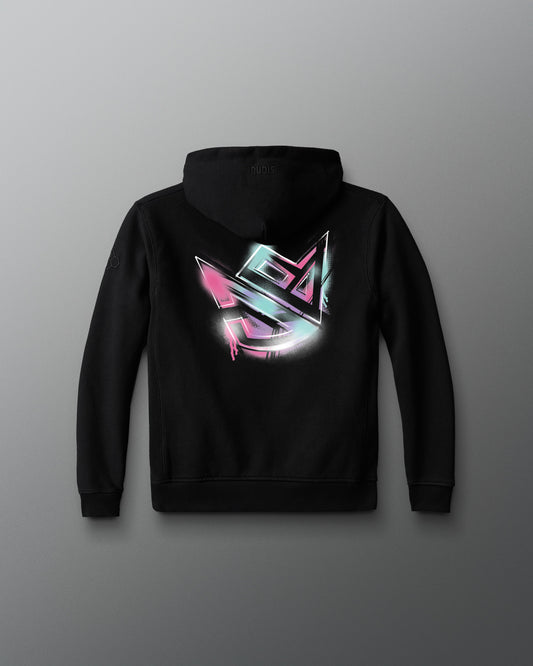 Black hoodie with a colorful logo on the back against a gray background