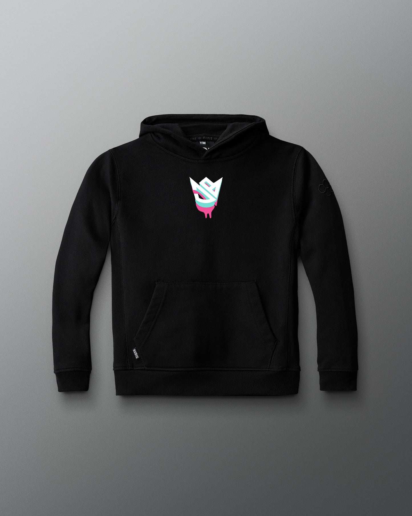 Black hoodie with a graphic design on a gray background