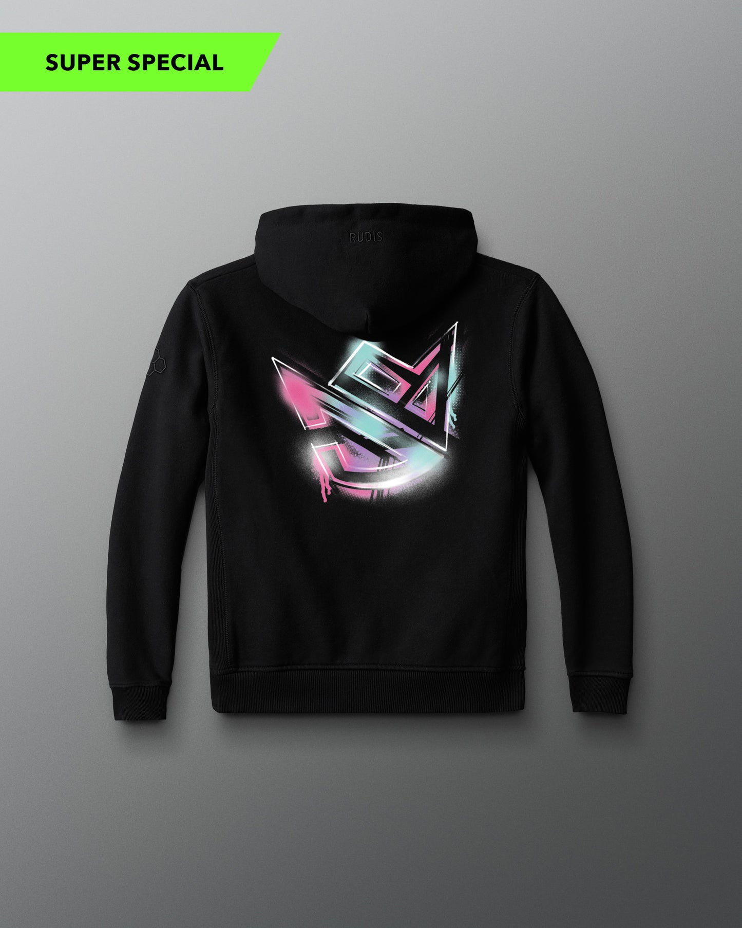 Black hoodie with a colorful logo on the back against a gray background