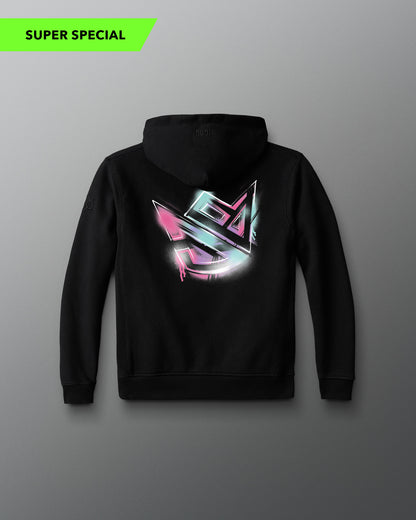 Black hoodie with a colorful logo on the back against a gray background