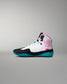 White high-top wrestling shoe with black and teal accents on a gray background