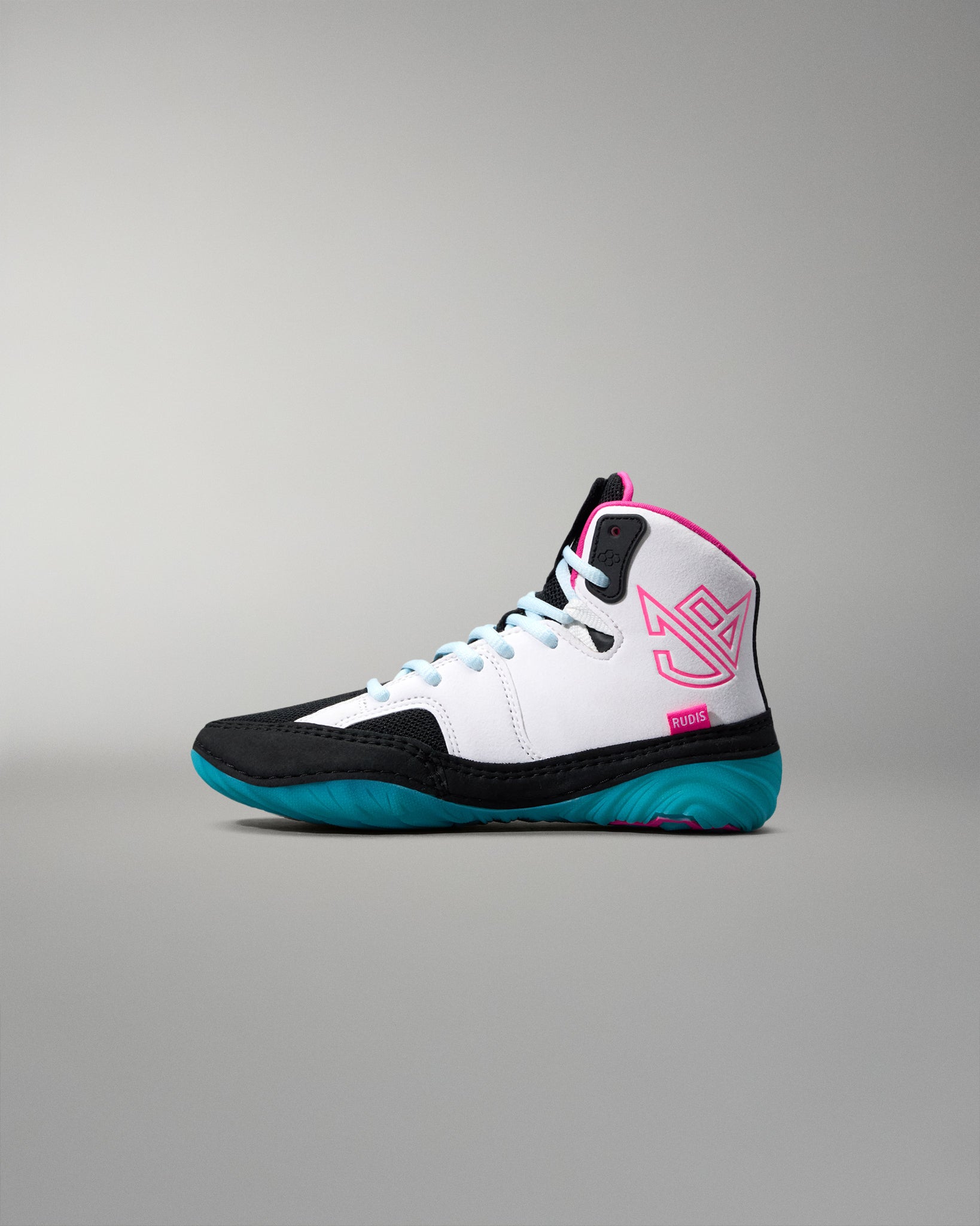 White high-top wrestling shoe with black and teal accents on a gray background