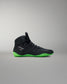 Black Wrestling shoe with green sole on a gray background