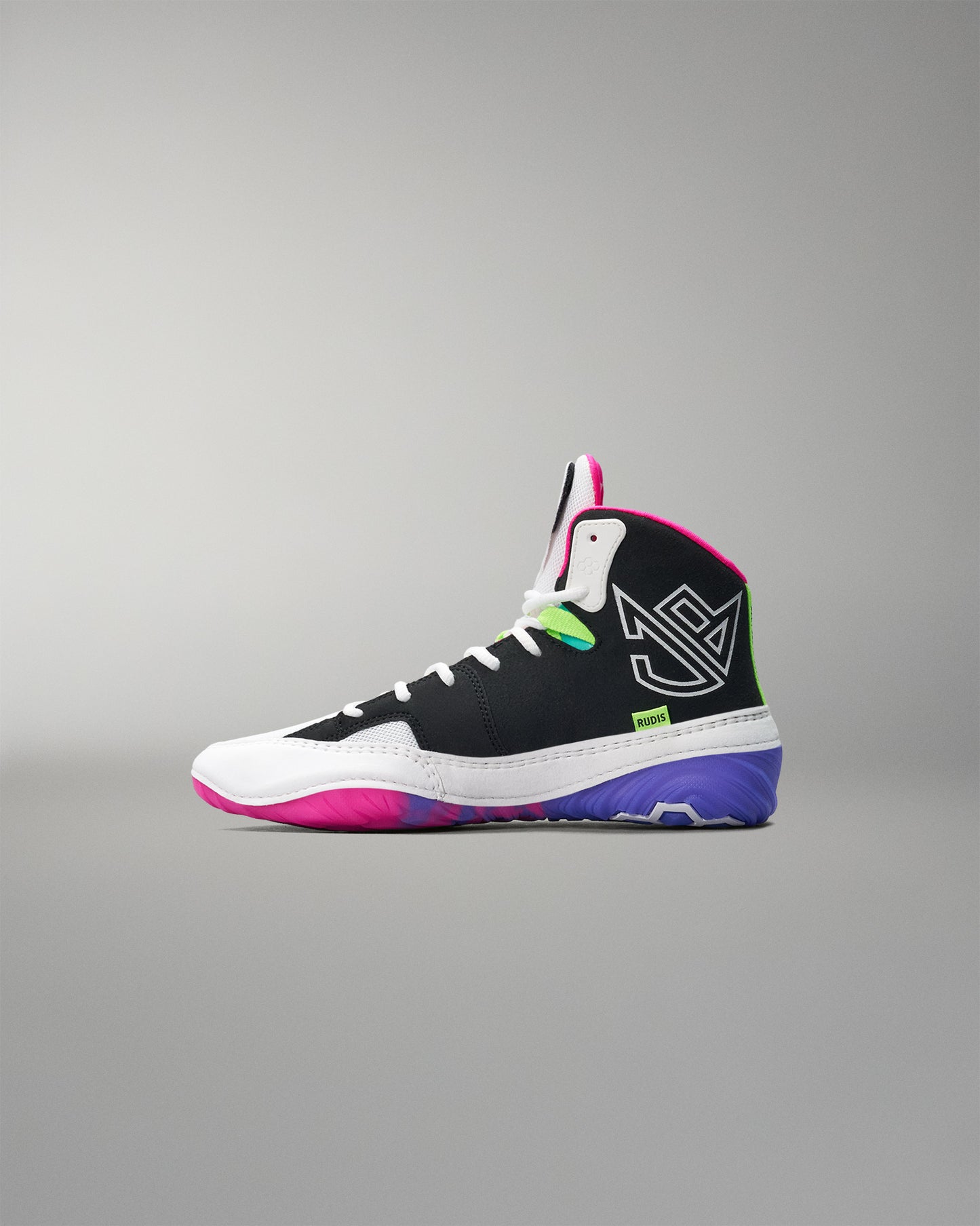 Colorful wrestling shoe with a brand logo on a gray background