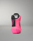 A high-top wrestling shoe shown from the rear, featuring a vibrant pink and black color scheme with a white and black Rudis logo on the tongue.