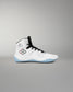 A high-top white wrestling shoes with black laces, a black and red geometric logo on the side, and a light blue textured outsole, shown against a neutral gray background.