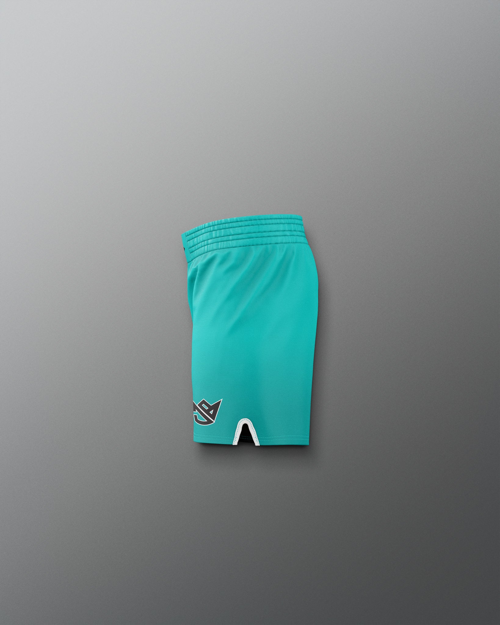 Teal athletic shorts on a gray background