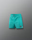 Teal shorts with brand logos on a gray background