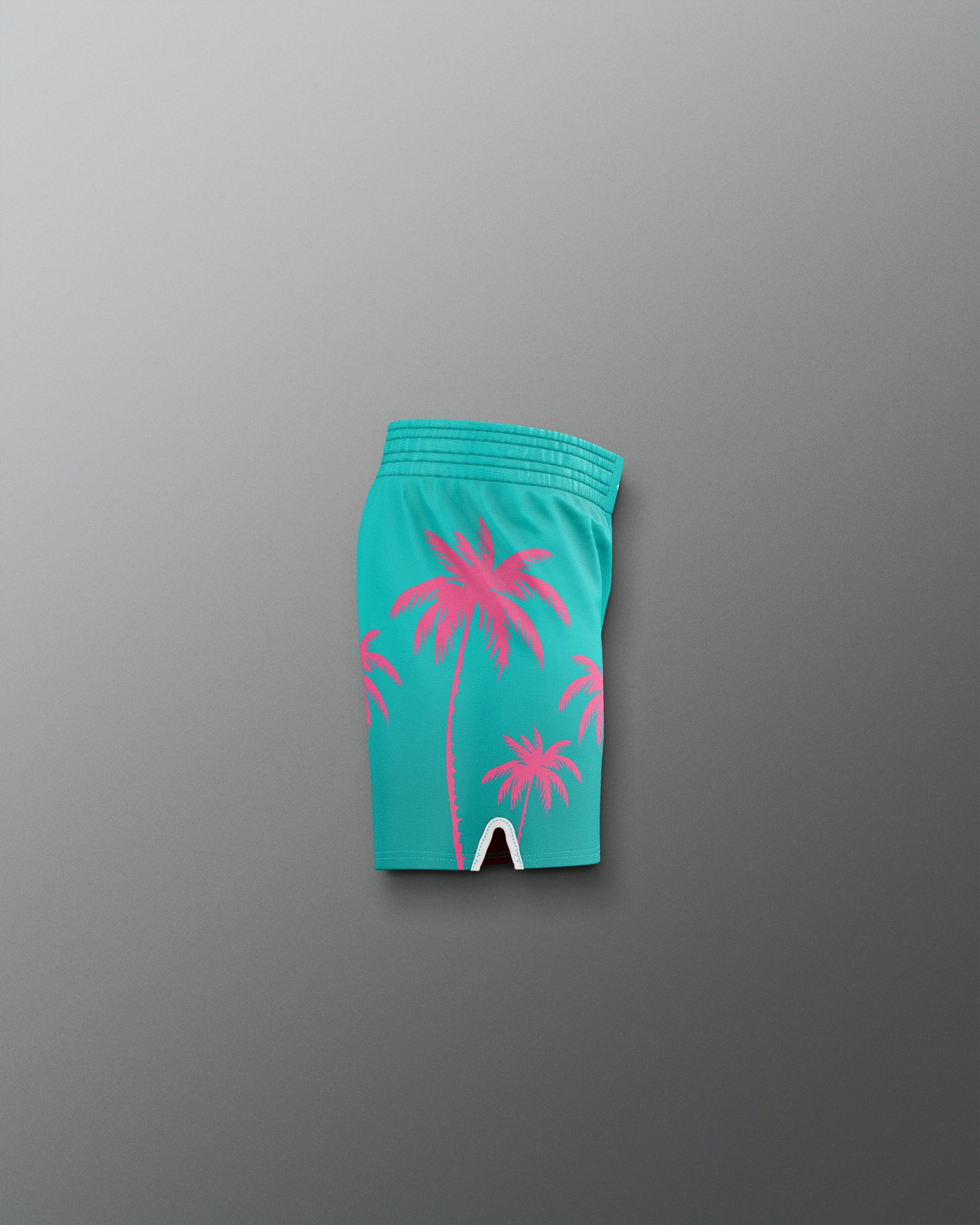 Teal shorts with pink palm tree design on a gray background