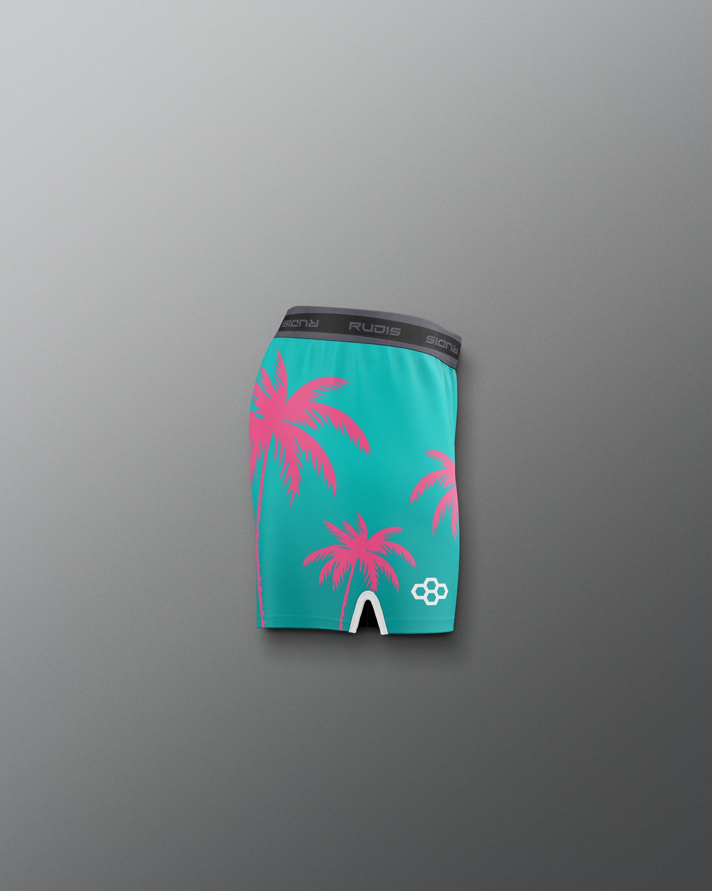Teal boxer briefs with pink palm tree design on a gray background