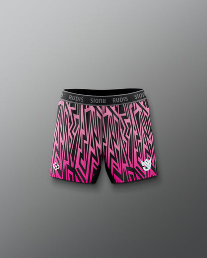 Pink and black patterned shorts with 'Rudis' branding on a gray background