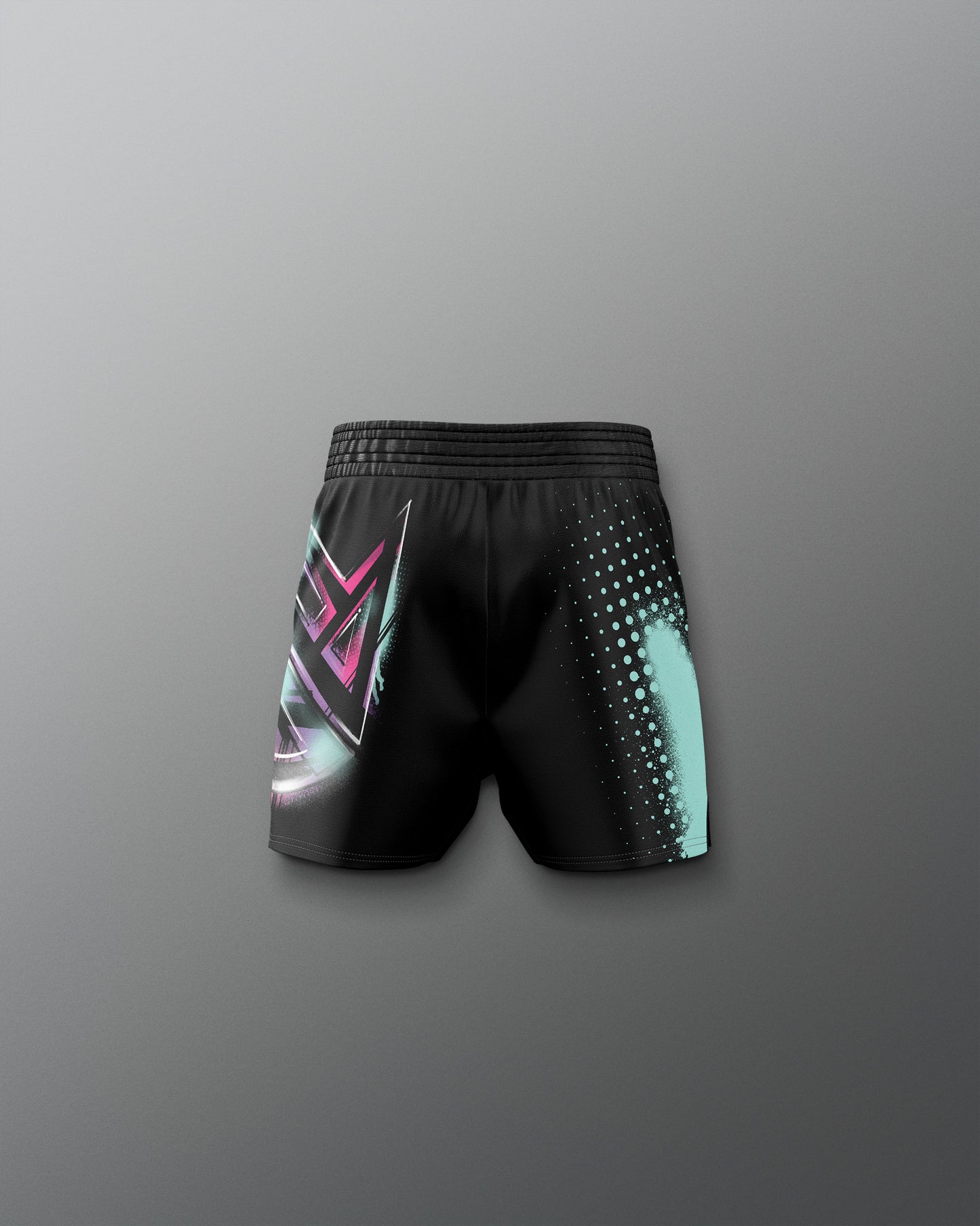Black athletic shorts with colorful designs on a gray background