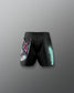 Black athletic shorts with colorful designs on a gray background