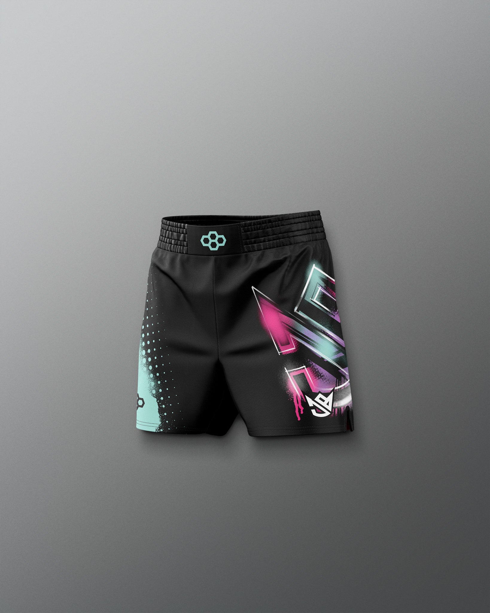 Black athletic shorts with colorful designs on a gray background