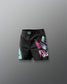 Black athletic shorts with colorful designs on a gray background